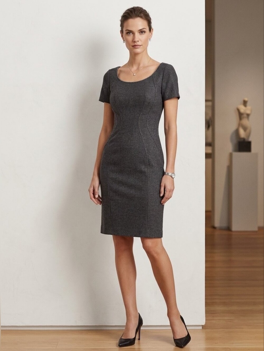 T Tahari Minimalist Gray Wool Sheath Dress Metallic Detail